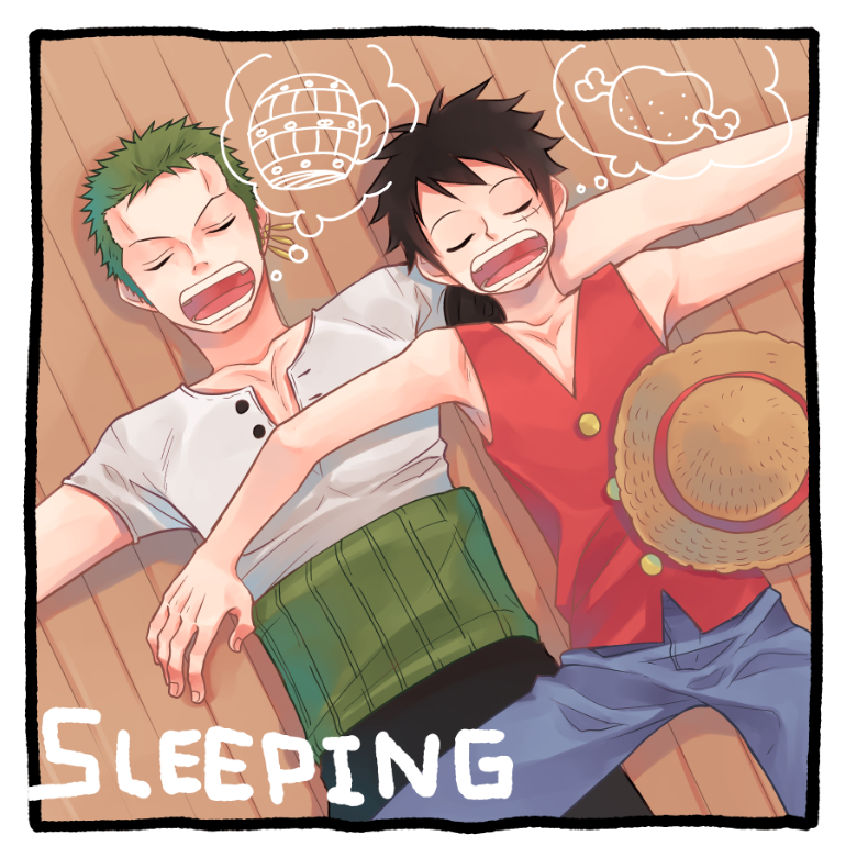 2boys aco_peda arm_pillow bandana bandana_around_arm beer_mug black_bandana black_eyes black_hair black_pants blue_shorts boned_meat closed_eyes cowboy_shot cup earrings english_text food from_above green_hair haramaki hat image_in_thought_bubble jewelry lying male_focus meat monkey_d._luffy mug multiple_boys on_back one_piece open_mouth pants red_vest roronoa_zoro scar scar_on_cheek scar_on_face shirt short_hair shorts side-by-side sideburns single_earring sleeping sleeping_on_person straw_hat unworn_headwear vest white_shirt