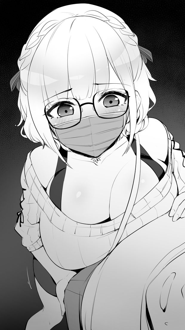 1boy 1girl between_breasts black_choker blush braid breasts choker cleavage french_braid grey_hair greyscale hair_between_eyes hetero hololive large_breasts looking_at_viewer monochrome mp150_plus off-shoulder_sweater off_shoulder official_alternate_costume official_alternate_hairstyle paid_reward_available ribbed_sweater shirogane_noel shirogane_noel_(casual) shirt skirt snowflake_choker snowflake_pendant solo strap_between_breasts sweater sweater_tucked_in virtual_youtuber wavy_hair white_sweater