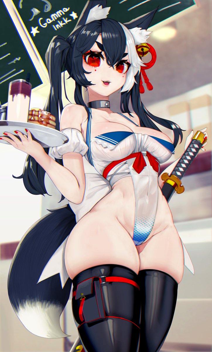 1girl animal_ear_fluff animal_ears bell black_hair black_thighhighs blurry blurry_background breasts chalkboard collar covered_navel facial_mark food fox_ears fox_girl fox_tail gammainkk hair_bell hair_between_eyes hair_ornament highres hiragana_oufu holding holding_tray indie_virtual_youtuber katana leotard long_hair metal_collar multicolored_hair open_mouth pancake pancake_stack red_eyes red_nails red_ribbon ribbon second-party_source sheath sheathed skindentation solo sword tail thigh_pouch thighhighs tray twintails two-tone_hair two-tone_leotard virtual_youtuber weapon white_hair