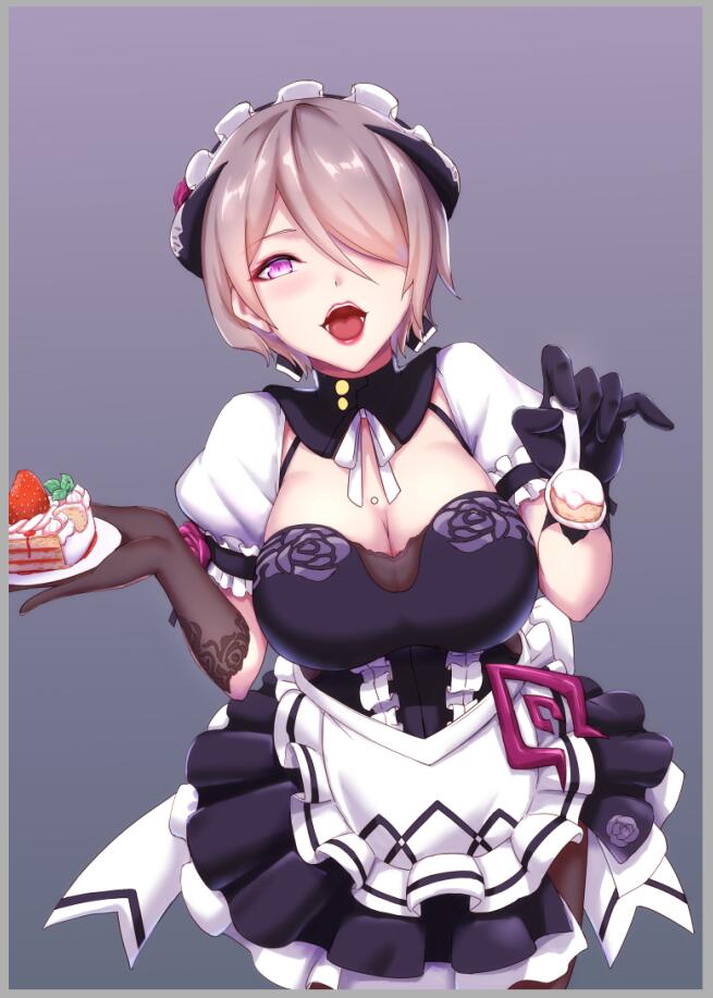 1girl :d apron asymmetrical_gloves black_gloves black_skirt border breasts brown_hair brown_pantyhose cake cleavage cleavage_cutout clothing_cutout daidailong dress flower food frilled_apron frilled_dress frills fruit gloves grey_border holding holding_spoon honkai_(series) honkai_impact_3rd incoming_food lips looking_at_viewer maid maid_headdress mismatched_gloves open_mouth pantyhose puffy_short_sleeves puffy_sleeves purple_background purple_eyes purple_flower purple_rose rita_rossweisse rita_rossweisse_(umbral_rose) rose short_sleeves skirt smile solo spoon strawberry waist_apron white_apron