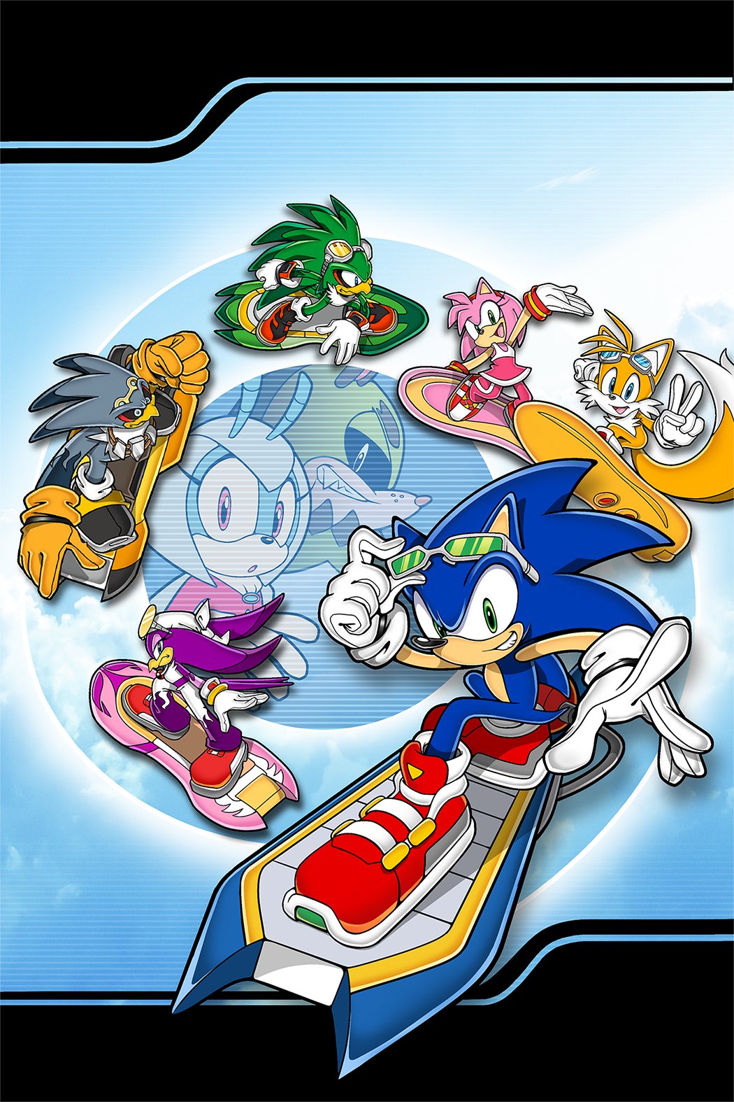 3girls 5boys albatross amy_rose animal_ears antennae beetle bird blue_eyes bug dreddstar eyewear_on_head fox_boy gloves goggles goggles_on_head green_eyes hedgehog highres hoverboard jet_the_hawk jewel_the_beetle multiple_boys multiple_girls multiple_tails official_art shoes smile sneakers sonic_(series) sonic_riders sonic_the_hedgehog sonic_the_hedgehog_(idw) storm_the_albatross swallow_(bird) tail tails_(sonic) two_tails v wave_the_swallow white_gloves