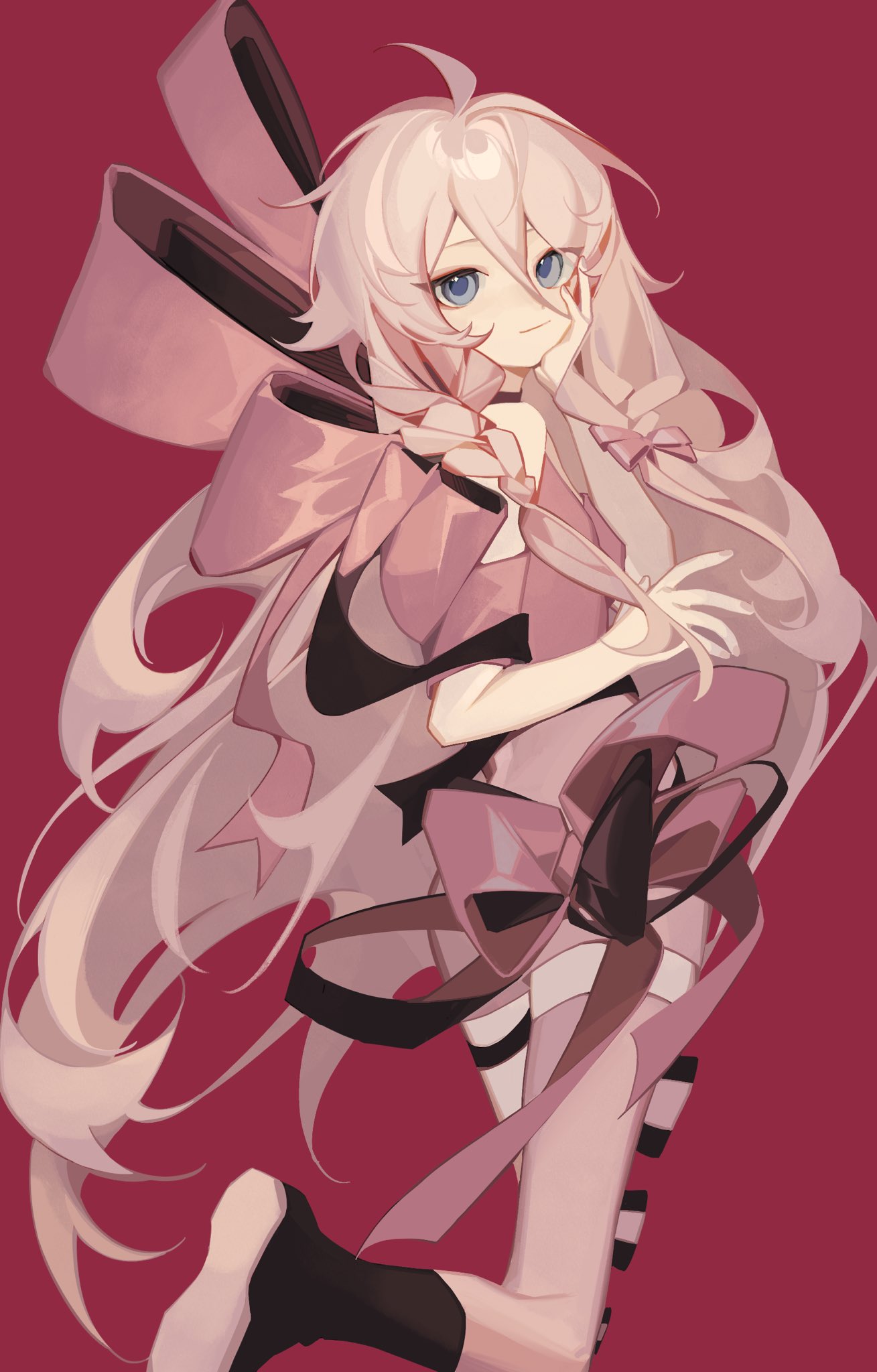 1girl ahoge bare_shoulders black_choker black_footwear blonde_hair blue_eyes bow braid choker detached_sleeves eight-b hand_on_own_face highres ia_(vocaloid) long_hair looking_at_viewer looking_back pink_bow pink_ribbon pink_shirt pink_shorts pink_thighhighs red_background ribbon shirt short_sleeves shorts solo thighhighs twin_braids vocaloid