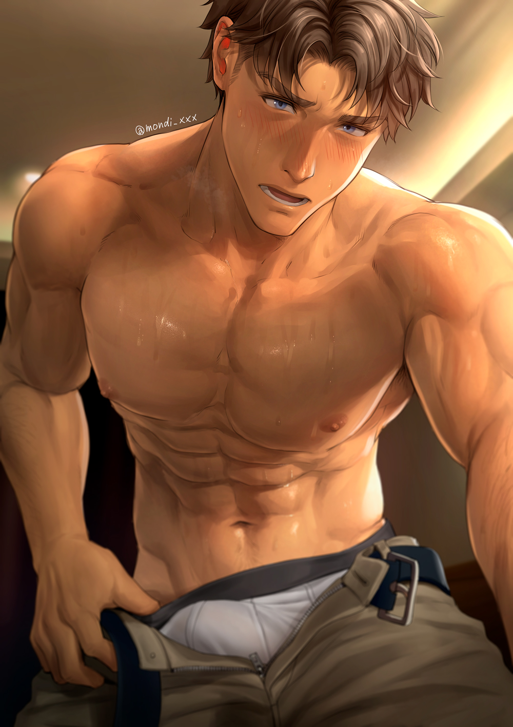 1boy abs bara blue_eyes blush brown_hair brown_pants bulge erection erection_under_clothes highres jim_(mondi_hl) large_pectorals looking_at_viewer male_focus mondi_hl muscular muscular_male navel nipples open_mouth open_pants original pants pectorals short_hair solo topless_male twitter_username