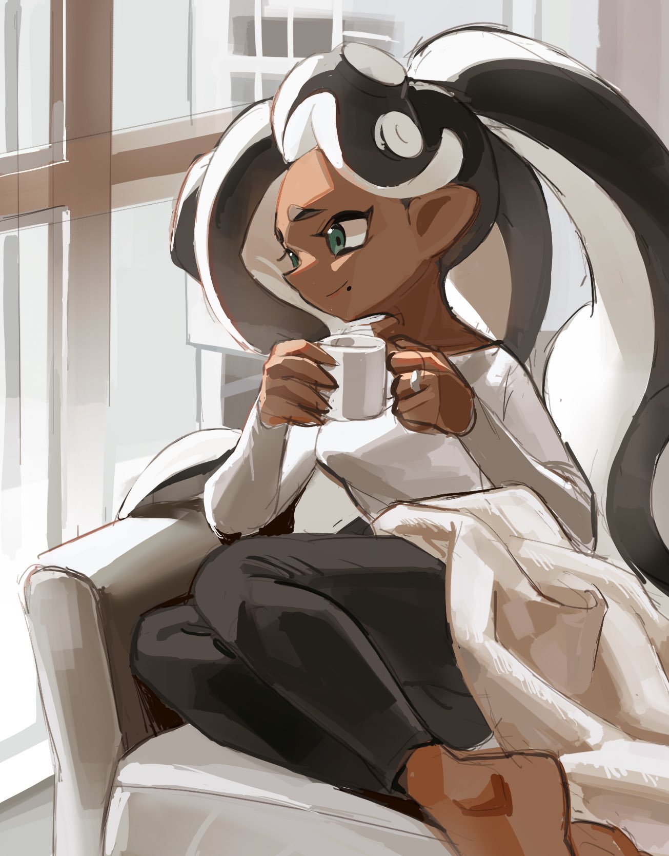 1girl aqua_eyes barefoot black_hair black_pants closed_mouth coffee_mug commentary_request couch cup dark-skinned_female dark_skin eyelashes furrowed_brow highres holding holding_cup indoors long_hair looking_outside marina_(splatoon) mole mole_under_mouth mug nomu_(29_nom) on_couch pants pointy_ears shirt sitting smile splatoon_(series) tentacle_hair thick_eyebrows white_shirt window