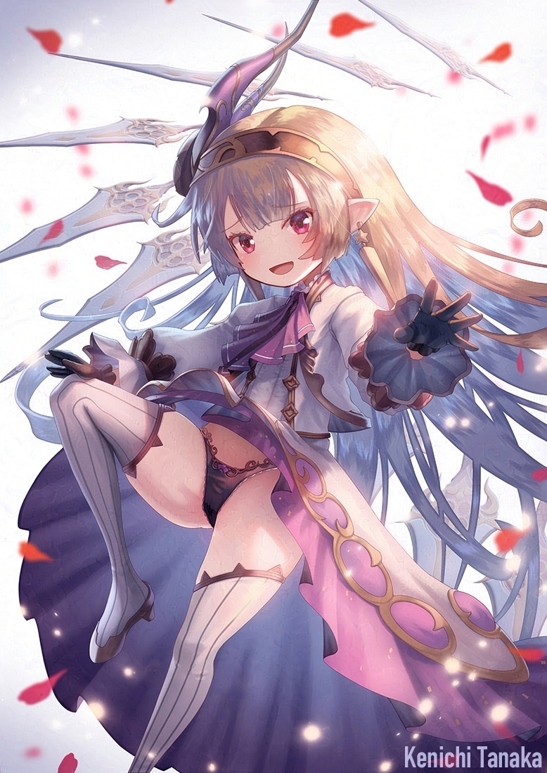 brown_hair commentary_request earrings gloves granblue_fantasy hair_ornament harvin headband jewelry leg_up long_hair looking_at_viewer maglielle_(granblue_fantasy:_relink) open_mouth panties petals pointy_ears red_eyes simple_background sword tanaka_ken'ichi thighhighs underwear weapon white_background