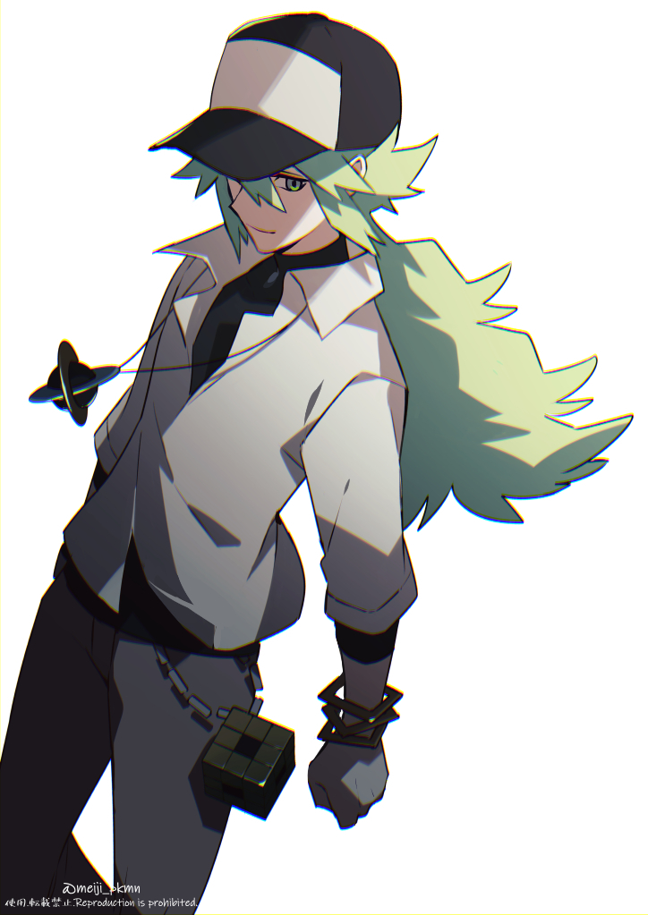 1boy bangle black_headwear bracelet clenched_hand closed_mouth collared_shirt commentary_request cube green_eyes green_hair grey_pants hat jewelry long_hair male_focus meiji_ken n_(pokemon) necklace pants pokemon pokemon_bw shirt smile solo standing undershirt white_shirt