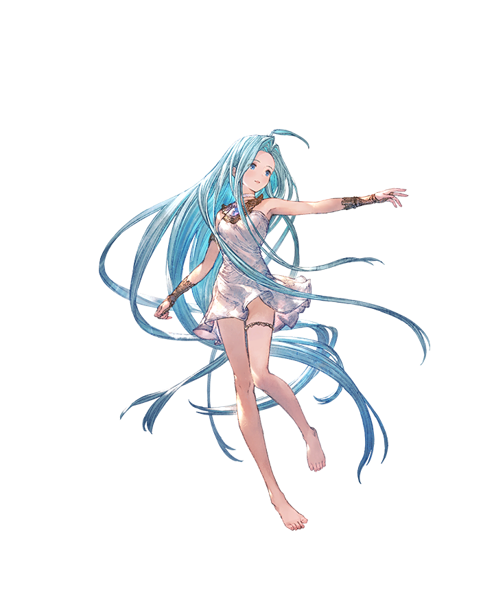 1girl ahoge barefoot blue_eyes blue_hair bracelet breasts bridal_gauntlets dress feet full_body granblue_fantasy granblue_fantasy:_relink jewelry knees_together_feet_apart legs long_hair lyria_(granblue_fantasy) minaba_hideo official_art second-party_source solo thigh_strap toenails toes transparent_background white_dress