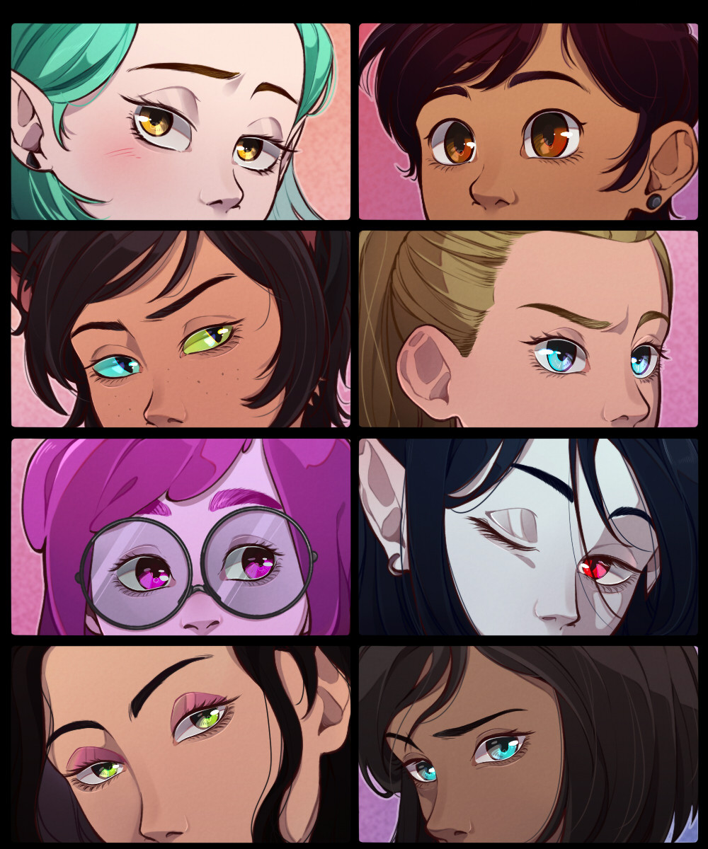 adora_(she-ra) adventure_time amity_blight animal_ears asami_sato avatar_legends black_hair blue_sclera brown_eyes brown_hair cat_ears cat_girl catra colored_sclera colored_skin couple dark-skinned_female dark_skin ear_piercing earrings eye_contact freckles glasses green_eyes green_sclera grey_skin heterochromia highres jewelry korra light_blush long_hair looking_at_another luz_noceda marceline_abadeer omy-chan one_eye_closed piercing pink_background pink_hair pink_skin pointy_ears princess_bonnibel_bubblegum purple_background raised_eyebrow raised_eyebrows red_eyes she-ra_and_the_princesses_of_power short_hair the_legend_of_korra the_owl_house yuri