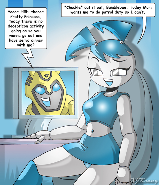 black_eyes blue blue_eyes blue_hair bumblebee_(transformers) couple? dialog dialogue female hair happy jenny_wakeman male midriff my_life_as_a_teenage_robot navel panties pigtails sitting skirt text transformers underwear webcam white white_body xjkenny yellow yellow_body
