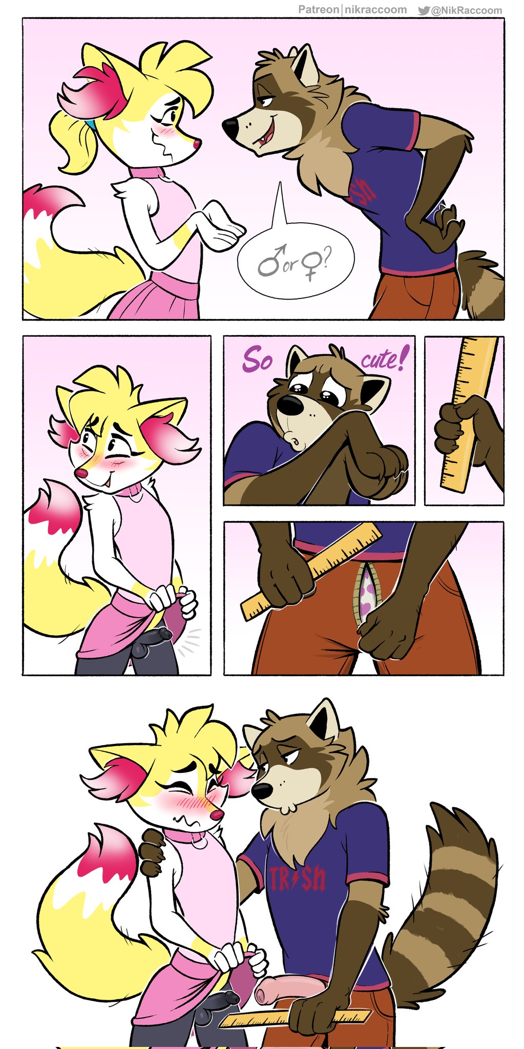 2024 anthro asking asking_gender balls black_balls black_legs black_nose black_penis blue_clothing blue_shirt blue_topwear blush bottomwear braixen brown_body brown_fur clothed clothing clothing_lift collar comic comparing comparing_penis compliment crossdressing dialogue dipstick_tail duo embarrassed embrace english_text eye_contact eyes_closed facial_markings female_symbol flaccid flustered flustered_male foreskin fur gender_symbol generation_6_pokemon genitals girly gloves_(marking) grey_(dgbraixen) half-closed_eyes head_markings head_tuft hi_res holding_object holding_ruler humanoid_genitalia humanoid_penis humiliation inner_ear_fluff looking_at_another looking_away male male/male male_symbol mammal markings mask_(marking) measuring measuring_penis narrowed_eyes neck_tuft nik_(nik159) nikraccoom nintendo open_bottomwear open_clothing penis penis_humiliation pictographics pink_bottomwear pink_clothing pink_collar pink_penis pink_skirt pokemon pokemon_(species) polka_dot_underwear pouting presenting presenting_penis procyonid raccoon red_bottomwear red_clothing red_inner_ear_fluff red_nose red_tail_tip ring_(marking) ringed_tail shirt simple_background skirt skirt_lift small_penis_humiliation smug speech_bubble striped_markings striped_tail stripes symbol tail tail_markings text topwear tuft unzipped_bottomwear unzipping_pants white_background yellow_body yellow_fur