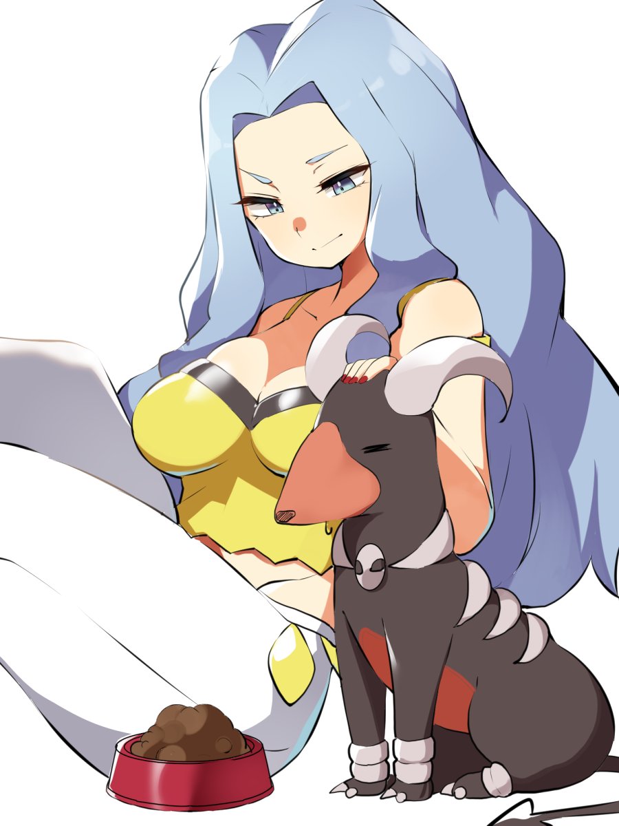 1girl bare_arms blue_eyes blue_hair bowl breasts camisole capri_pants cleavage collarbone crop_top demon_horns dog groin half-closed_eyes headpat highres horns houndoom karen_(pokemon) large_breasts long_hair midriff mituyota_76 pants pet_bowl pet_food pokemon pokemon_(creature) pokemon_hgss spaghetti_strap white_pants yellow_camisole