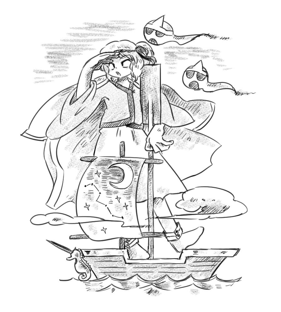 1other :o androgynous boat chikafumikou cloud commentary_request constellation crescent fujiwara_no_iyozane full_body ghost ghost_(len'en) greyscale hair_ribbon hand_on_own_forehead high-waist_skirt holding holding_oar jacket jacket_on_shoulders japanese_clothes len'en long_sleeves looking_ahead maid_headdress medium_skirt monochrome oar one-hour_drawing_challenge one_side_up open_mouth other_focus ribbon sailboat shirt short_hair simple_background skirt solid_circle_eyes solo star_(sky) triangular_headpiece watercraft waves white_background wide_sleeves