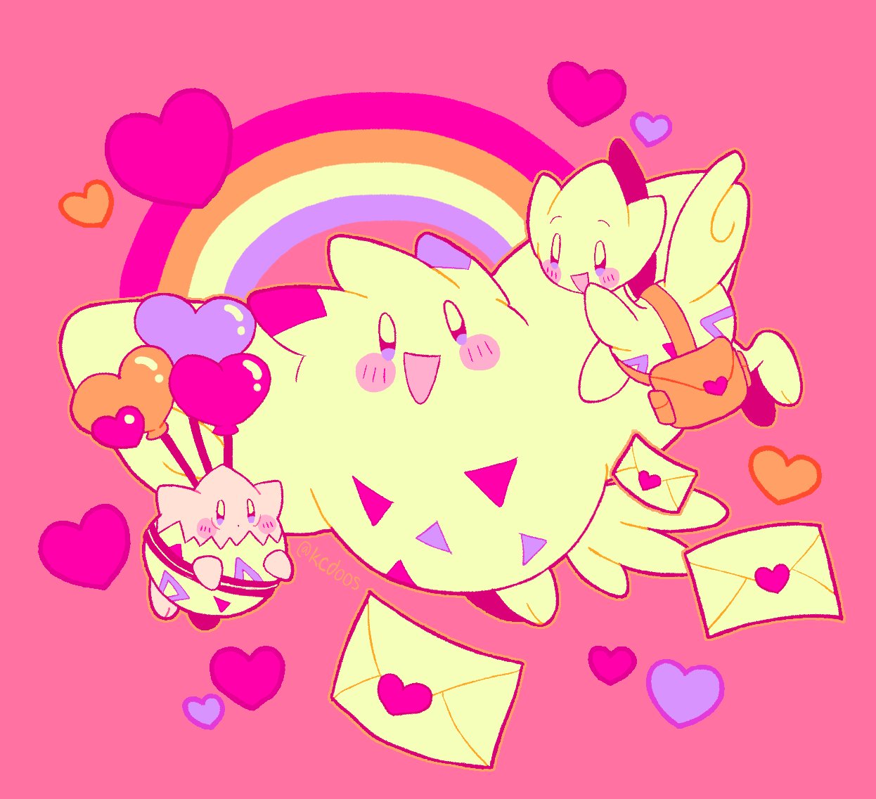 bag balloon blush_stickers commentary english_commentary evolutionary_line floating full_body heart heart_balloon kcdoos looking_at_another love_letter no_humans open_mouth pink_background pink_theme pokemon pokemon_(creature) rainbow shoulder_bag smile togekiss togepi togetic