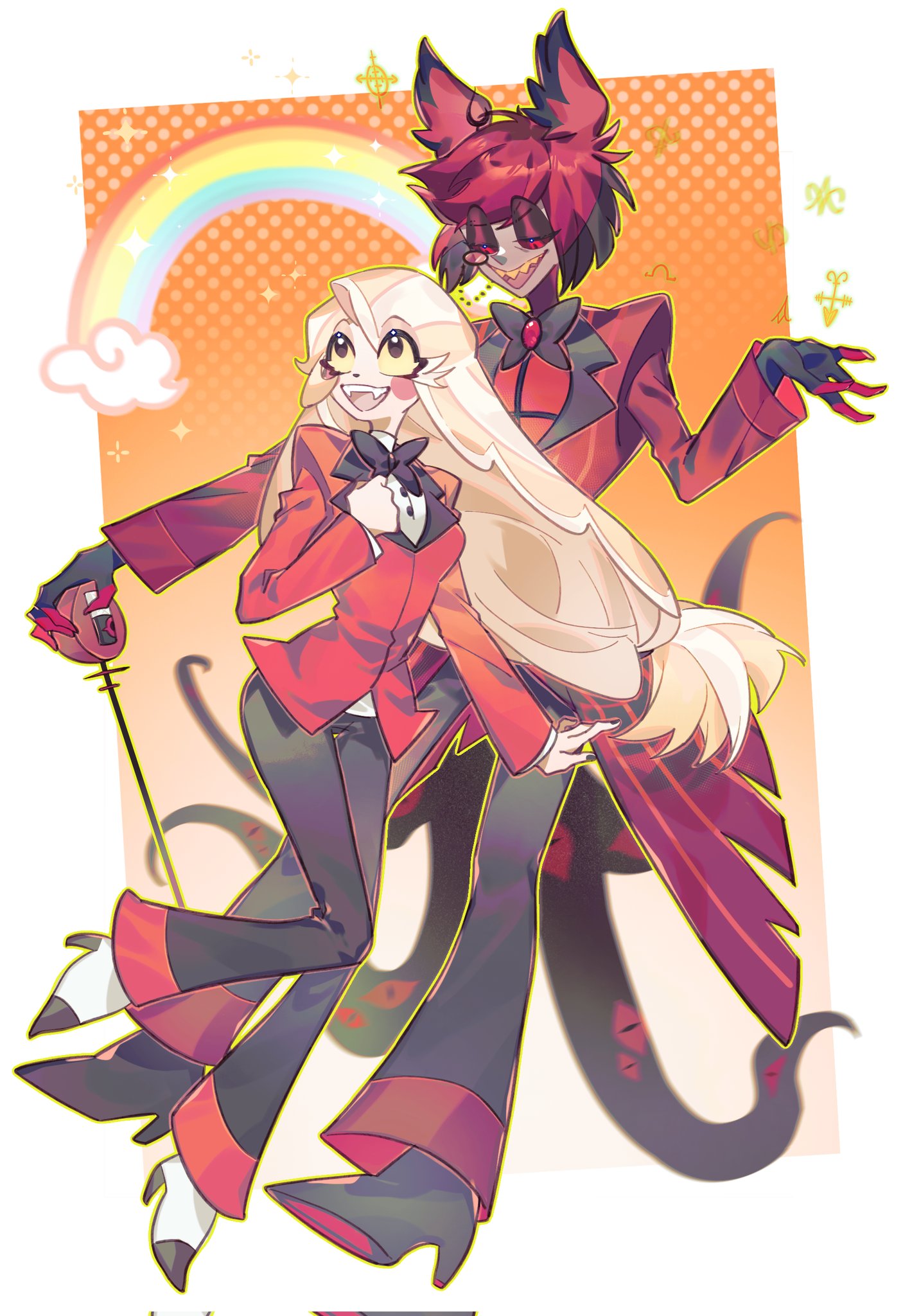 1boy 1girl alastor_(hazbin_hotel) black_eyes black_hair blonde_hair charlie_morningstar chinese_commentary colored_sclera commentary_request formal hazbin_hotel height_difference highres long_hair monochrome multicolored_hair rainbow red_eyes red_hair red_sclera short_hair smile suit yellow_sclera zirantudou