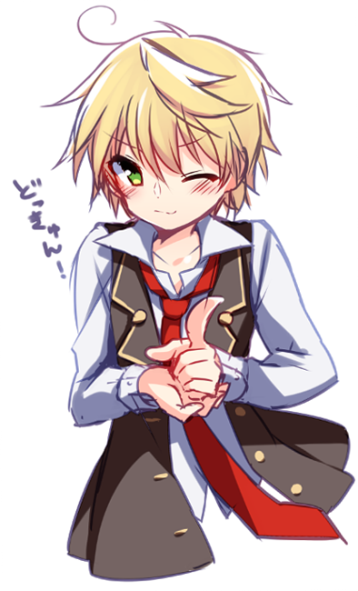 1boy black_vest blonde_hair blush_stickers buttons character_request closed_mouth coattails collarbone collared_shirt collared_vest commentary_request copyright_request cropped_torso green_eyes hand_on_hand long_sleeves looking_at_viewer loose_hair_strand male_focus necktie one_eye_closed open_clothes open_vest pointing pointing_at_viewer red_necktie shirt short_hair simple_background smirk solo usamata v-shaped_eyebrows vest white_background white_shirt white_sleeves