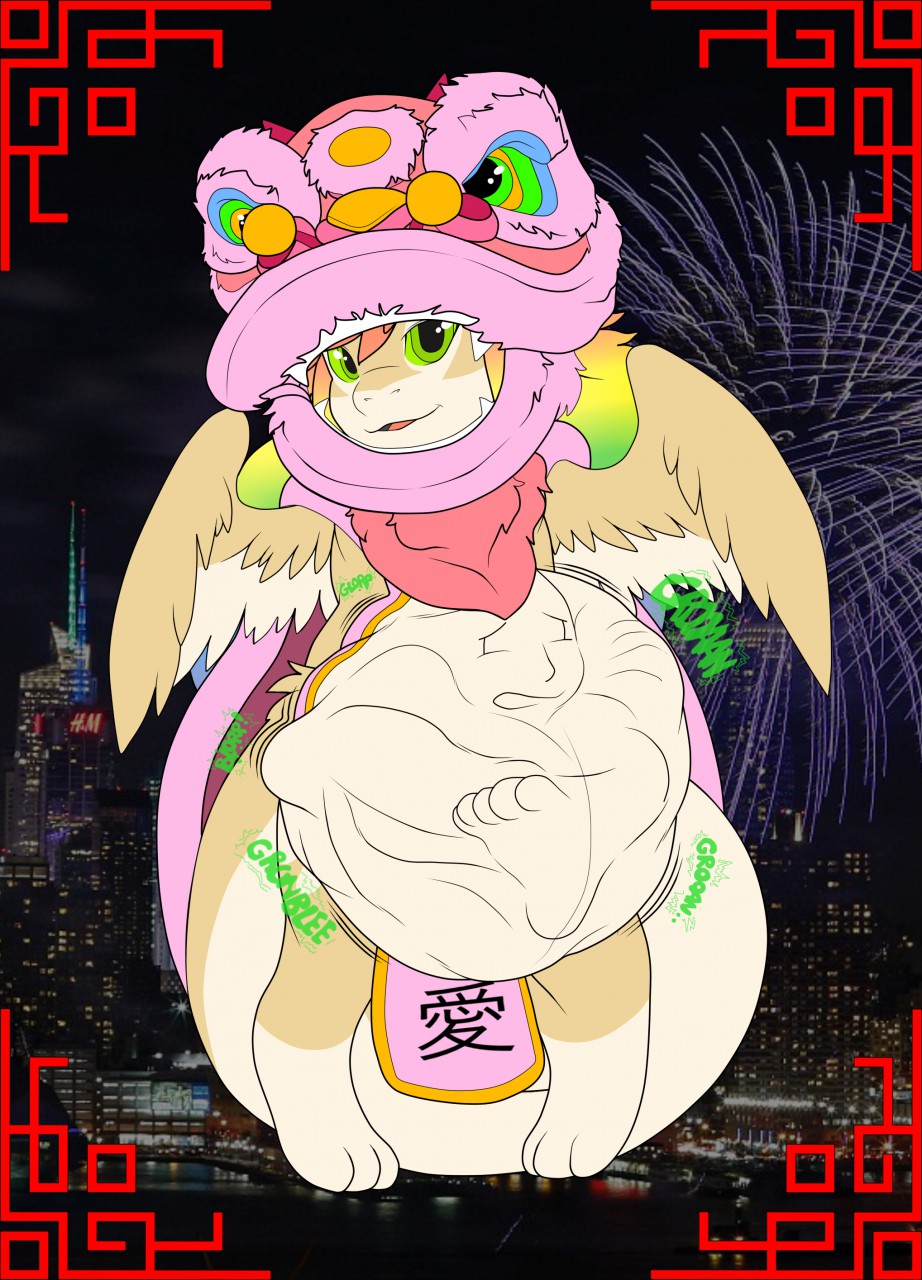 anthro belly big_belly chinese_new_year chinese_text clothing costume digestion digestion_noises digital_media_(artwork) dragon eastern_dragon face_imprint feathered_wings feathers female female_pred foot_imprint forced green_eyes hair hi_res holidays imprint kitty_dragon linda_(alphalinda) looking_at_viewer multicolored_hair mythological_creature mythological_scalie mythology rainbow_hair rumbling_stomach scalie sentinelwinder smile smiling_at_viewer struggling struggling_prey tail text unwilling_prey vore wings