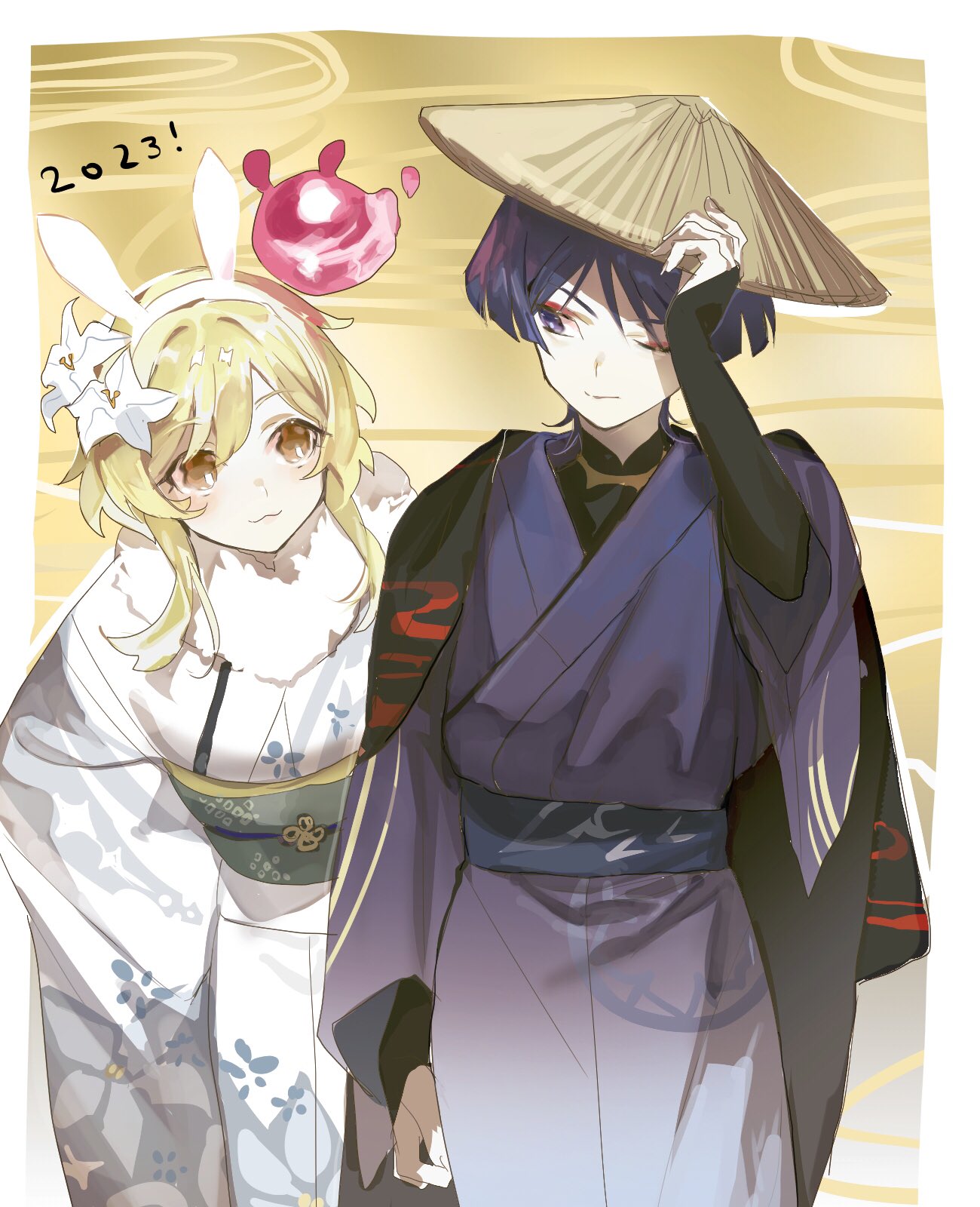 1boy 1girl 2023 :3 animal_ears armor blonde_hair blue_sash blunt_ends border brown_hat choppy_bangs closed_mouth commentary_request egasumi eyeshadow fake_animal_ears floral_print flower fur-trimmed_kimono fur_trim genshin_impact gradient_clothes gradient_kimono green_sash hair_between_eyes hair_flower hair_ornament hairband hand_on_headwear hand_up hat highres japanese_armor japanese_clothes kanoko_(pattern) kimono kote kurokote leaning_forward long_sleeves looking_at_another looking_to_the_side lumine_(genshin_impact) makeup obi obiage obijime one_eye_closed outside_border parted_bangs purple_eyes purple_hair purple_kimono rabbit_ears red_eyeshadow rice_hat sash scaramouche_(genshin_impact) seelie_(genshin_impact) short_hair short_hair_with_long_locks sidelocks sideways_glance simple_background smile standing talesofmea wanderer_(genshin_impact) white_border white_flower white_hairband white_kimono wide_sleeves yellow_background yellow_eyes