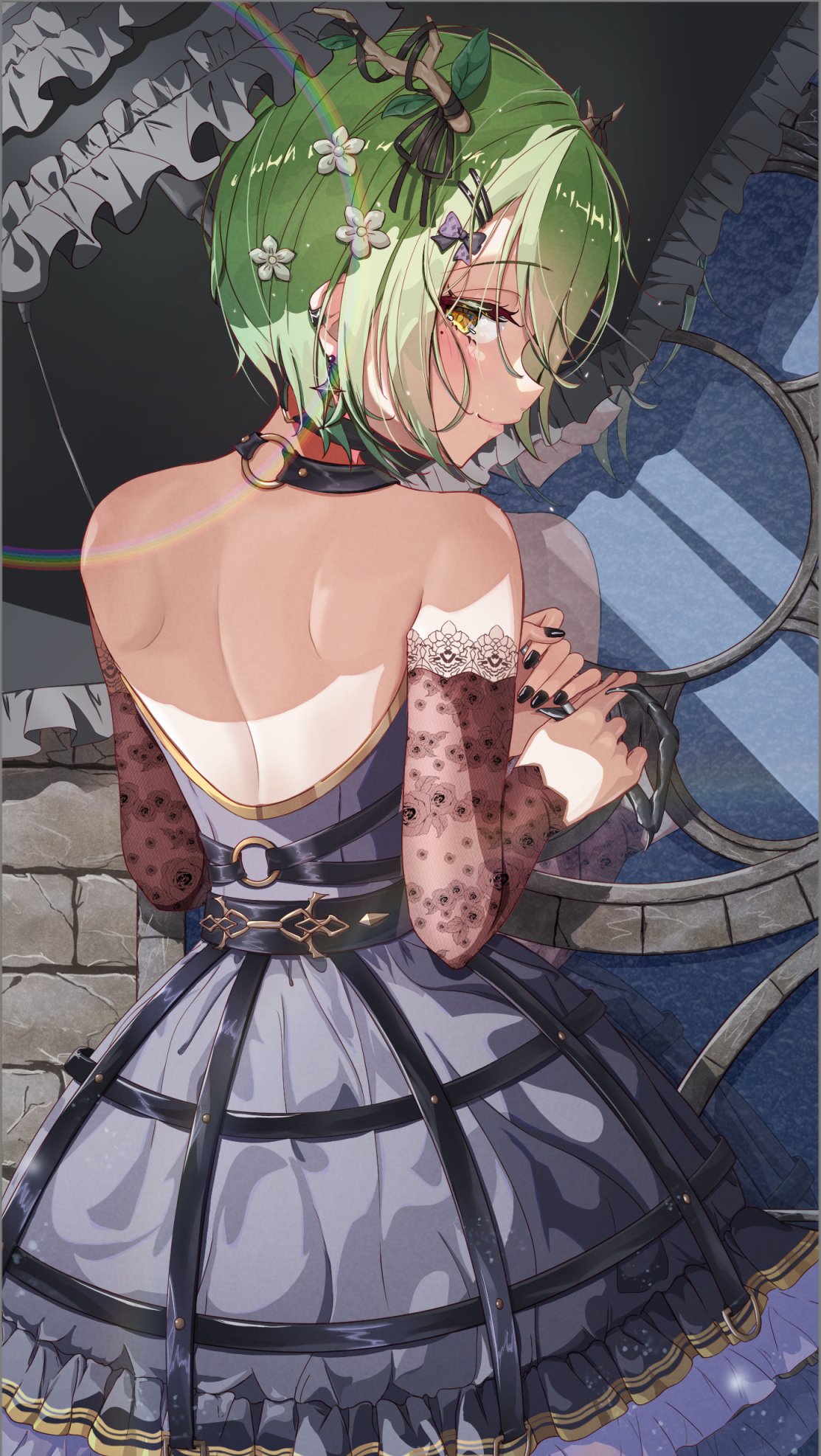 1girl antlers arm_warmers backless_outfit black_dress black_nails ceres_fauna ceres_fauna_(goth) dress flower green_hair hair_flower hair_ornament hairclip highres holding holding_umbrella hololive hololive_english horns itsuki_en looking_at_viewer looking_back mirror mole mole_under_eye nail_polish official_alternate_costume official_alternate_hairstyle parasol reflection short_hair smile solo umbrella virtual_youtuber yellow_eyes