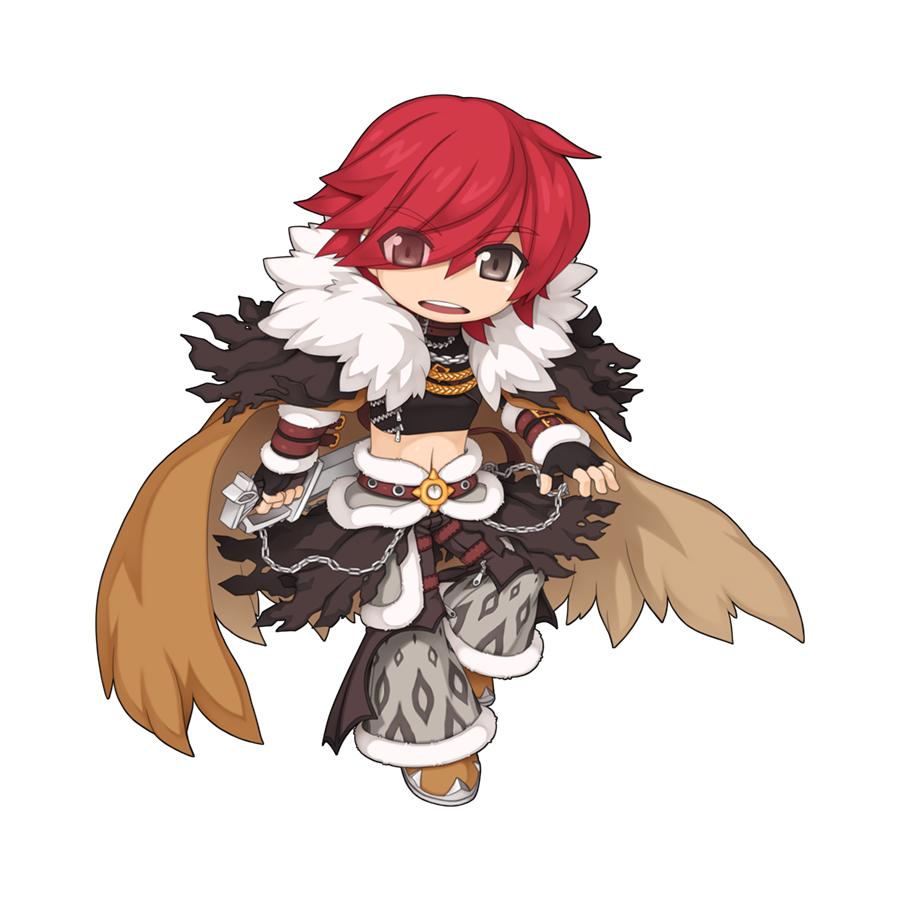 1boy animal_print arm_belt belt black_cape black_gloves black_pants black_shirt brown_footwear cape chain chibi crop_top eyes_visible_through_hair full_body fur_cape fur_collar gloves grey_eyes hair_between_eyes holding holding_sword holding_weapon leopard_print long_bangs looking_at_viewer male_focus official_alternate_costume official_art open_mouth pants ragnarok_online red_belt red_hair reverse_grip round_teeth shadow_chaser_(ragnarok_online) shirt shoes short_hair simple_background solo standing standing_on_one_leg sword tachi-e teeth torn_cape torn_clothes transparent_background upper_teeth_only waist_cape weapon yuichirou