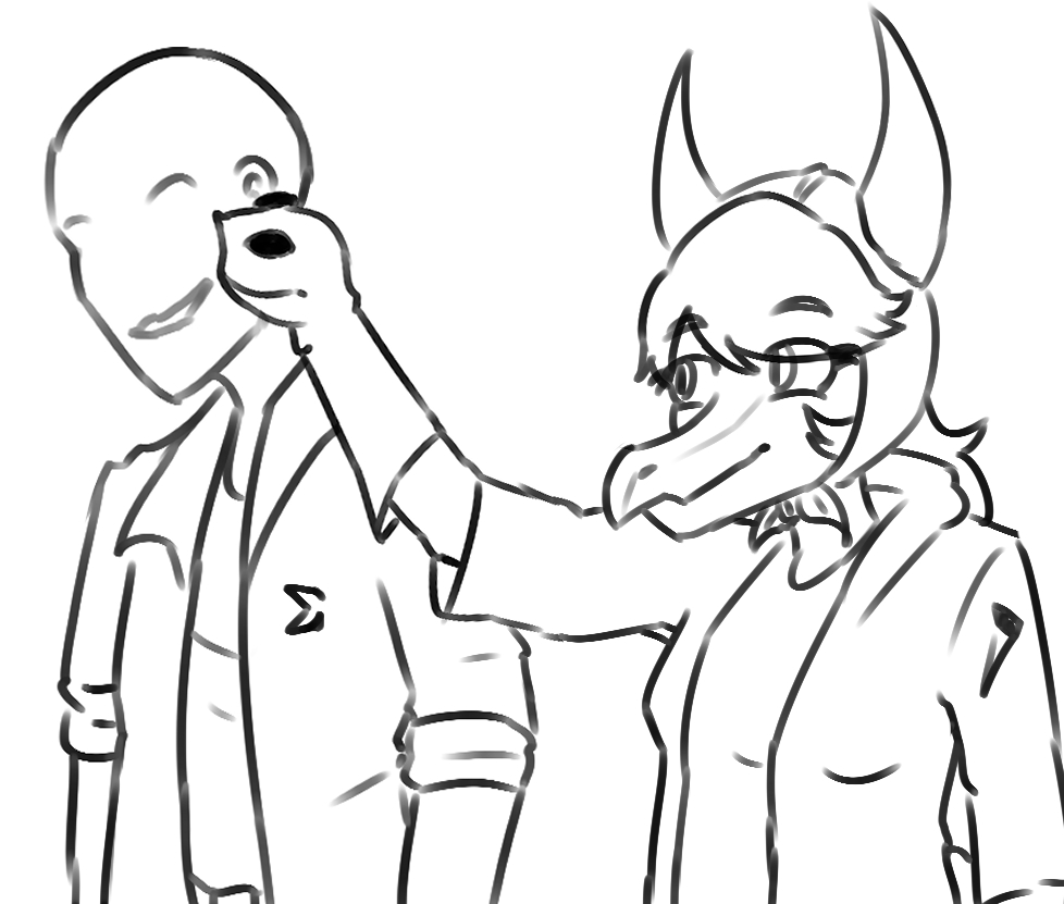 2024 anon_(snoot_game) anthro bald black_and_white cavemanon_studios clothing compsognathid compsognathus dinosaur duo eyelashes female hair hand_puppet hat headgear headwear human jacket jacket_ignites long_hair male mammal monochrome reptile scalie schizo_chan_(snoot_game) sketch smile snoot_game snout theropod topwear