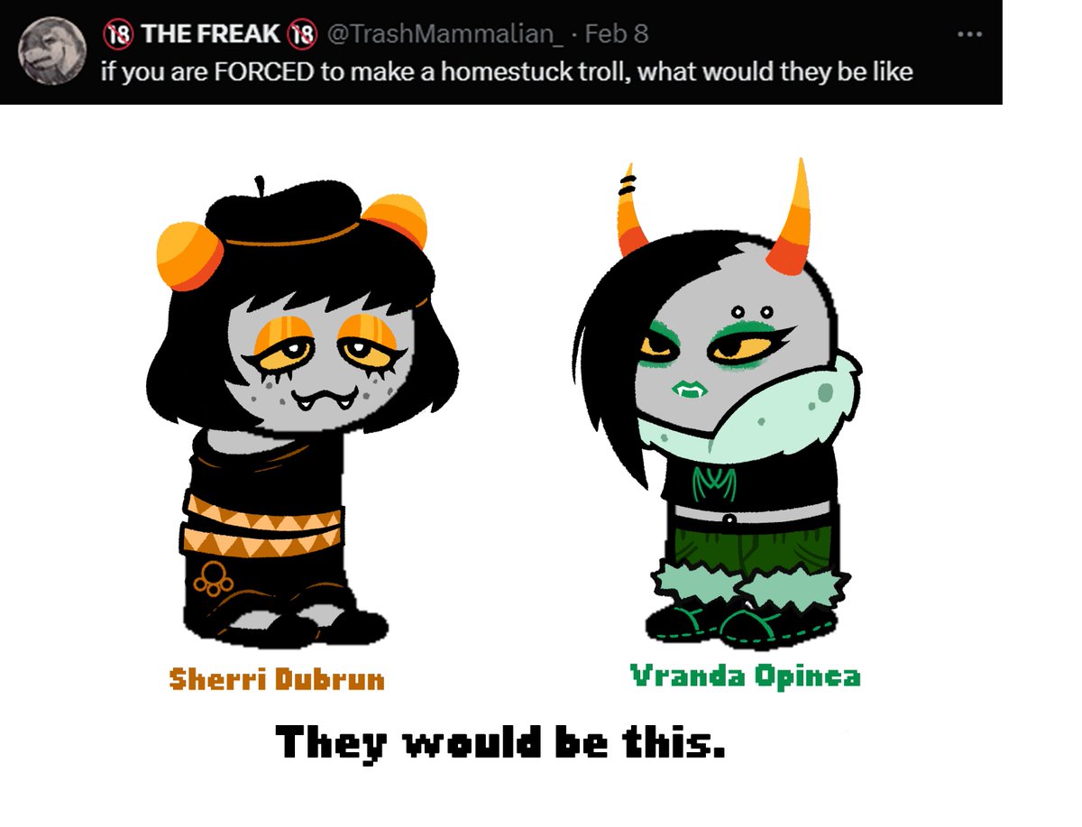 2024 alien alternate_species black_hair blarf022 duo english_text fangs female freckles_on_face grey_body grey_skin hair homestuck horn horned_humanoid humanoid ms_paint_adventures not_furry sherry_bear_(blarf022) teeth text troll_(homestuck) vranda_von_bat_(blarf022)