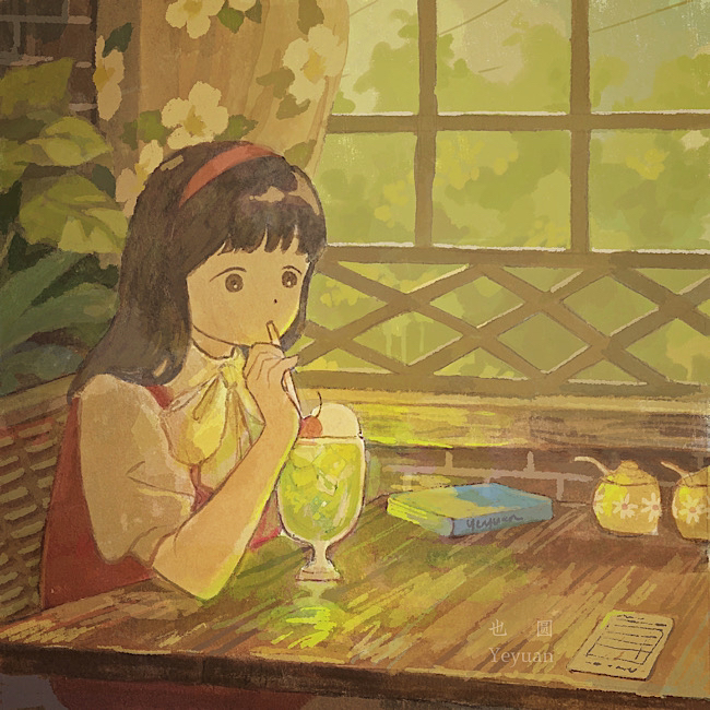 1girl artist_name black_hair book bow cherry collared_shirt cup curtains dress drinking drinking_straw floral_print food fruit hairband holding holding_drinking_straw ice_cream ice_cream_float indoors long_hair melon_soda original pinafore_dress red_dress red_hairband shirt short_sleeves sitting sleeveless sleeveless_dress solo table upper_body white_shirt window yeyuan33