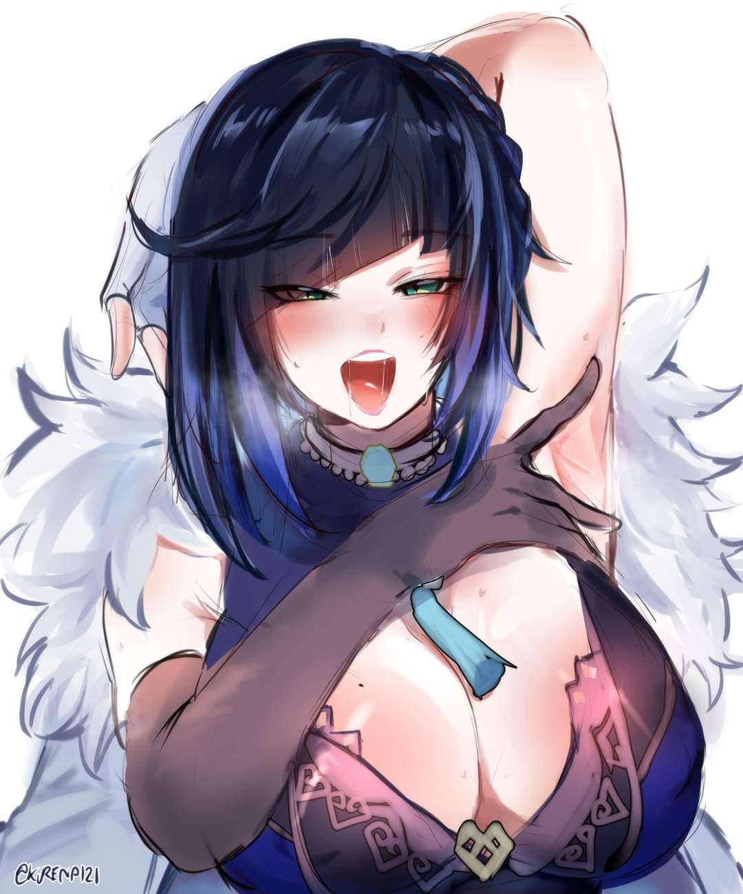 1girl arm_behind_head arm_up armpits arms_behind_head arms_up asymmetrical_gloves bead_choker bob_cut breasts diagonal_bangs elbow_gloves feather-trimmed_jacket feather_collar fur-trimmed_jacket fur_trim genshin_impact gloves highres jacket jacket_on_shoulders kurenaiz_(kuayrenaiz) large_breasts looking_at_viewer mismatched_gloves mole mole_on_breast navel neck_tassel single_elbow_glove solo tassel tassel_choker waist_cutout yelan_(genshin_impact)