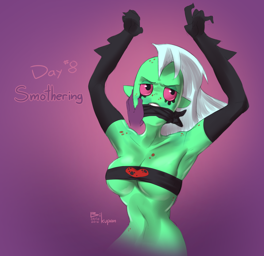 2016 alien alien_humanoid ambiguous_gender armwear bikupan breasts clothed clothing dated disembodied_hand disney duo elbow_gloves english_text face_grab female fingers freckles gag gagged gloves hair hands_above_head handwear humanoid humanoid_pointy_ears long_hair lord_dominator navel noseless not_furry pink_sclera signature skimpy teeth text topwear wander_over_yonder white_hair