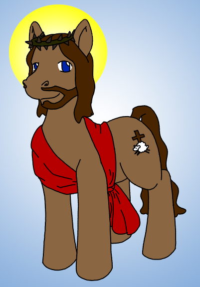 &dagger; blue_eyes bridgetthegamer brown brown_fur brown_hair cross crown crown_of_thorns cutie_mark equine facial_hair feral friendship_is_magic fur gradient_background hair horse jesus_christ looking_at_viewer male mammal my_little_pony ponification pony smile solo tail