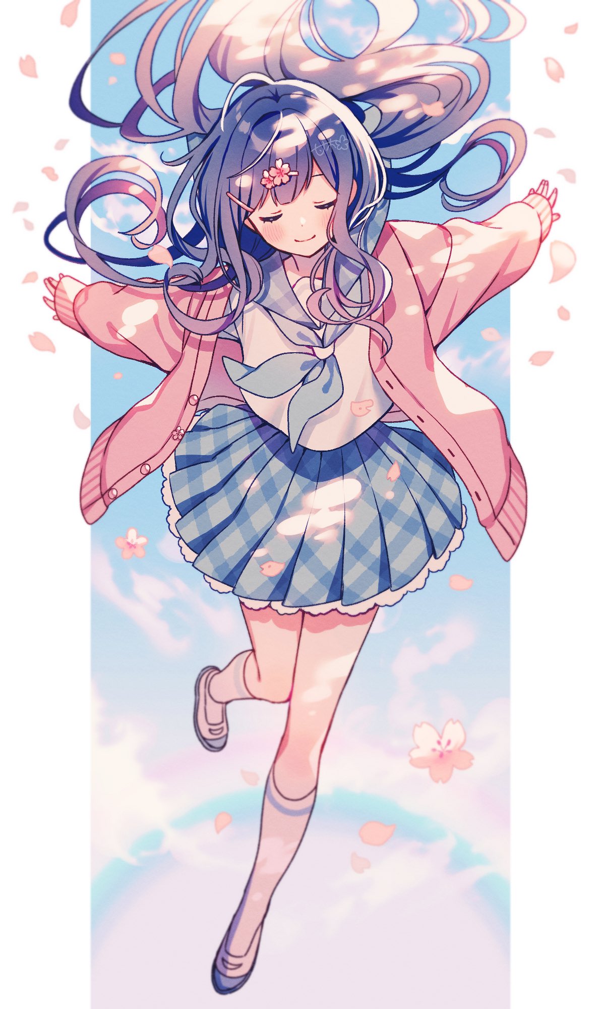 1girl amagi_hana arms_up bangs_pinned_back blue_neckerchief blue_skirt blue_sky blush brown_hair cardigan cherry_blossoms closed_eyes closed_mouth cloud facing_viewer falling_petals floating floating_hair flower foot_up gradient_hair grey_sailor_collar hair_flower hair_ornament hairpin highres kneehighs knees_together_feet_apart long_hair long_sleeves miniskirt multicolored_hair neckerchief open_cardigan open_clothes original outdoors outstretched_arms petals pillarboxed pink_cardigan pink_flower pink_hair plaid plaid_skirt pleated_skirt rainbow sailor_collar school_uniform serafuku shirt shoes skirt sky sleeves_past_wrists smile socks solo white_shirt white_socks