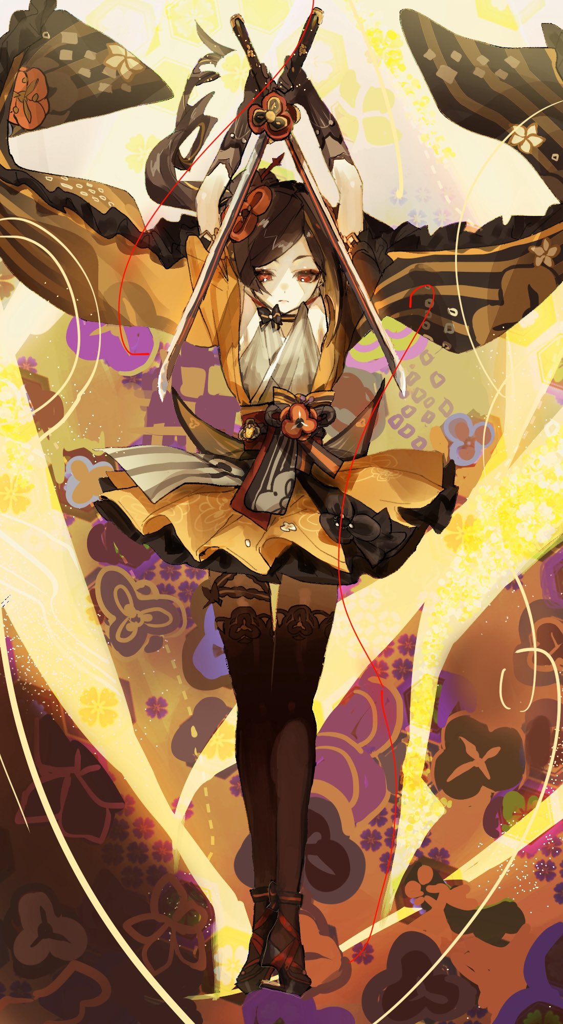1girl arms_up black_bow black_choker black_footwear black_gloves black_thighhighs bow bow_choker brown_background brown_hair brown_pantyhose chiori_(genshin_impact) choker closed_mouth commentary_request crossed_swords dress drill_hair drill_ponytail dual_wielding floating_hair flower_(symbol) frown genshin_impact gloves grey_kimono hair_ornament hair_stick heel-less_heels high_heels highres holding holding_sword holding_weapon japanese_clothes kanzashi kimono long_hair looking_down multicolored_hair obi obiage pantyhose parted_bangs pleated_dress ponytail red_eyes red_sash rope sash serious shoes short_dress short_sleeves side_ponytail sidelocks simple_background sleeveless sleeveless_kimono solo standing streaked_hair swept_bangs sword talesofmea thighhighs thighhighs_over_pantyhose vision_(genshin_impact) weapon yellow_background yellow_dress