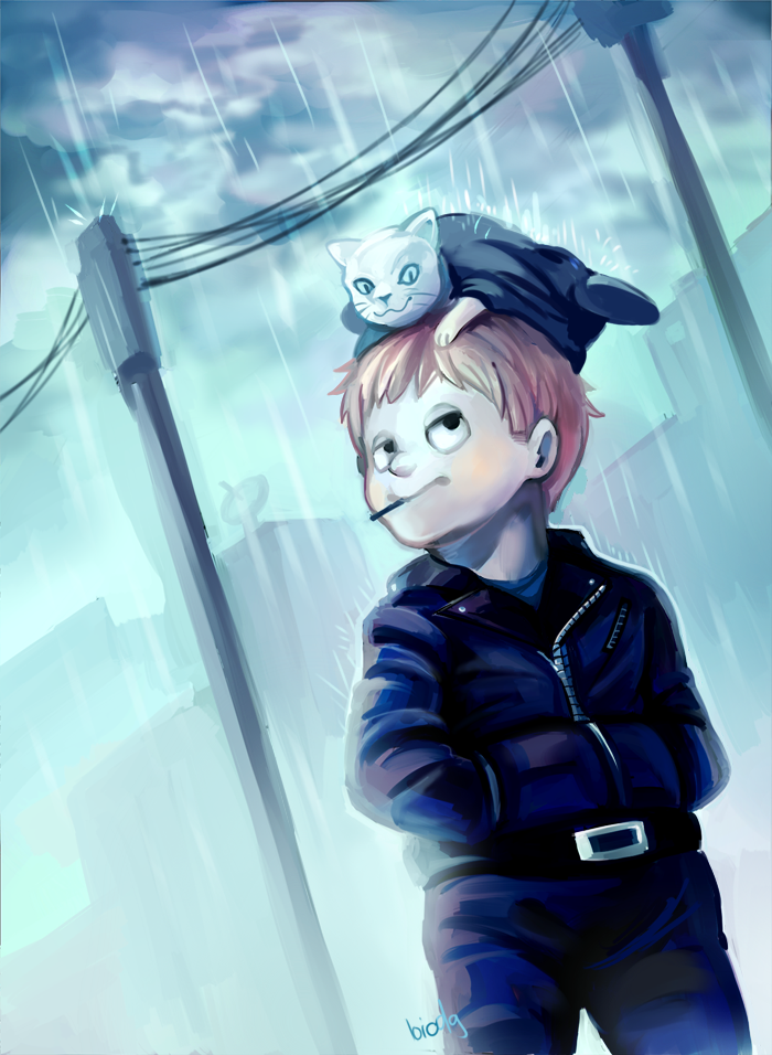 1boy animal_ear_headwear animal_ears animal_on_head artist_name beanie belt belt_buckle black_belt black_eyes black_hat black_jacket black_sleeves blue_eyes blue_pants blue_shirt buckle buttons cat cat_ears cat_on_head city cloud cloudy_sky collared_jacket commentary cowboy_shot danganronpa_(series) danganronpa_v3:_killing_harmony day dutch_angle english_commentary fake_animal_ears hands_in_pockets hat hoshi_ryoma jacket leather leather_jacket loiodg long_sleeves looking_at_animal looking_up male_focus on_head orange_hair outdoors pants power_lines rain shirt short_hair sky slit_pupils smoking solo whiskers white_cat zipper zipper_pull_tab