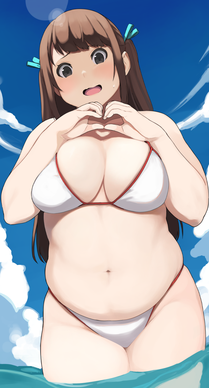 1girl :d accio bangs belly bikini blush breasts brown_hair cloud commentary_request day embarrassed fat hair_ribbon heart heart_hands highres large_breasts long_hair looking_at_viewer muffin_top navel open_mouth original plump ribbon sky smile solo sweat sweatdrop swimsuit tanuma_miyuki wading water wavy_mouth white_bikini