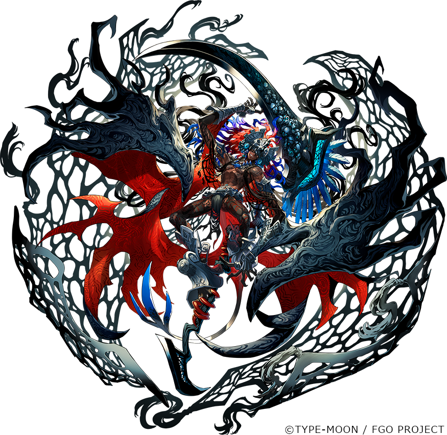 1boy bat_wings black_hair black_loincloth braid camazotz_(fate) chest_tattoo dark-skinned_male dark_skin fate/grand_order fate_(series) full-body_tattoo full_body headpiece holding holding_scythe holding_with_feet jewelry long_arms long_hair looking_at_viewer male_focus maya_(culture) multicolored_hair multiple_braids necklace official_art routo scythe sharp_teeth smile solo tattoo teeth topless_male transparent_background wings