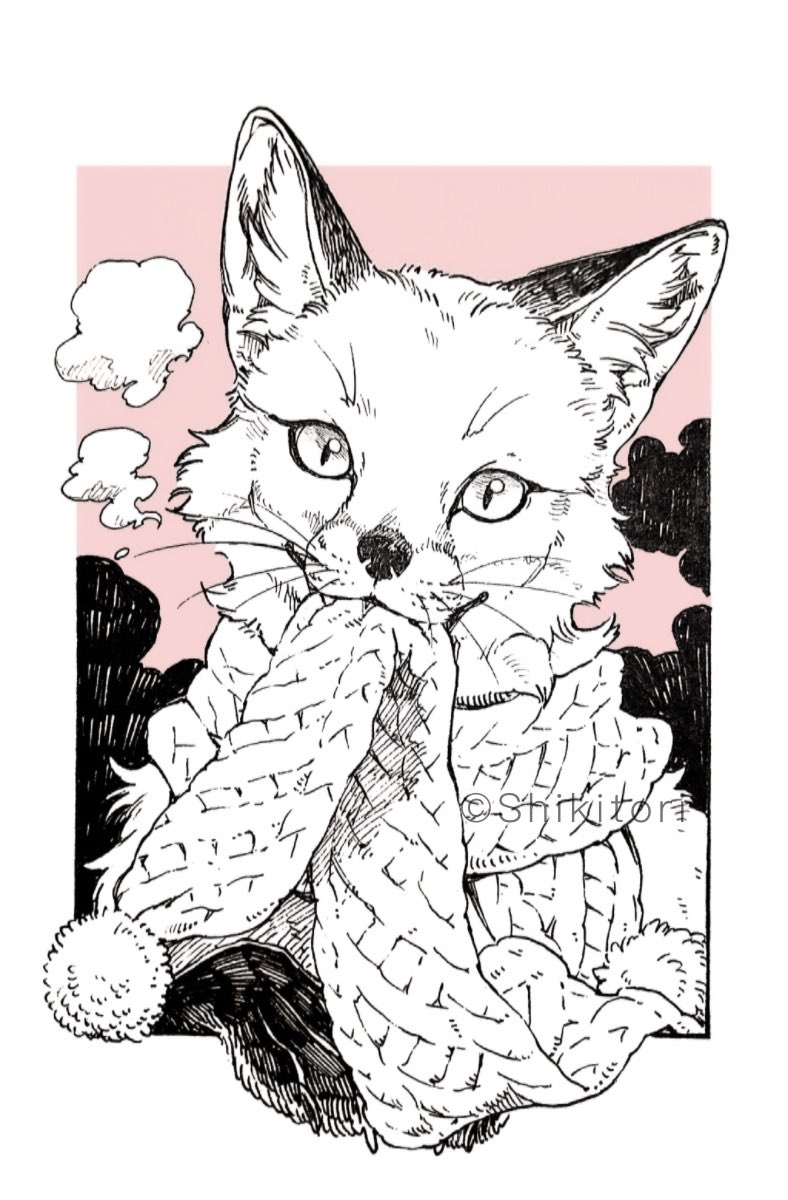 2024 ambiguous_gender canid canine feral fox hi_res looking_at_viewer mammal monochrome mouth_hold pink_background pupils quadruped realistic_feral scarf shiki_02 simple_background slit_pupils solo winter_clothing