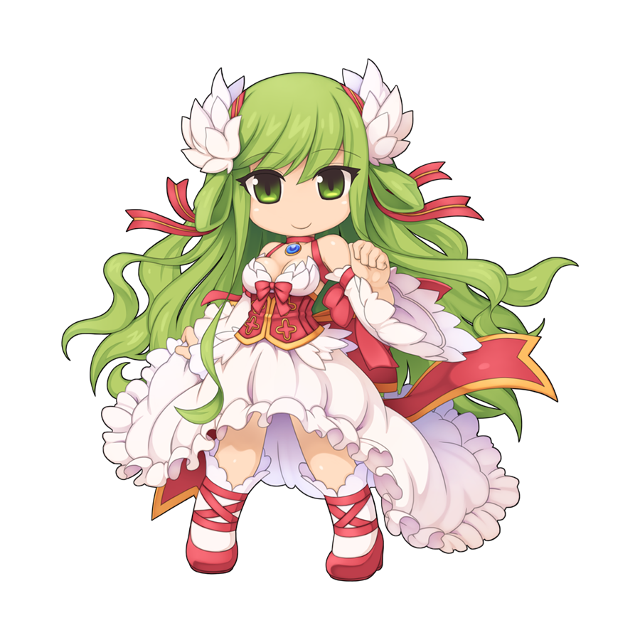 1girl bow breasts chibi cleavage closed_mouth corset detached_sleeves dress floating_hair frilled_dress frilled_sleeves frills full_body green_eyes green_hair head_wings high_heels kneehighs large_bow long_hair looking_at_viewer medium_bangs medium_breasts official_alternate_costume official_art ragnarok_online red_corset red_footwear simple_background sleeveless sleeveless_dress smile socks solo standing tachi-e transparent_background wanderer_(ragnarok_online) wavy_hair white_dress white_sleeves white_wings wide_sleeves wings yuichirou