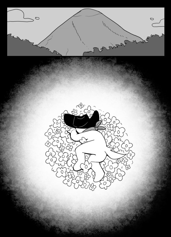 2024 anthro bandanna bird's-eye_view canid canine canis clothing cloud comic digital_media_(artwork) domestic_dog flower fur golde golde_(golde) hat headgear headwear high-angle_view kerchief lying lying_on_ground male mammal monochrome mountain on_flower on_ground on_side plant solo tail unconscious undertale undertale_(series)
