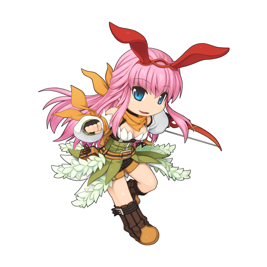 1girl animal_ears belt black_gloves black_shorts blue_eyes bow_(weapon) breasts brown_belt chibi clenched_hand detached_sleeves fake_animal_ears fingerless_gloves full_body gloves holding holding_bow_(weapon) holding_weapon leaning_forward long_hair medium_bangs medium_breasts official_alternate_costume official_art open_mouth pink_hair pouch rabbit_ears ragnarok_online ranger_(ragnarok_online) scarf short_shorts shorts sidelocks simple_background skirt smile solo tachi-e transparent_background underbust weapon white_skirt white_sleeves yellow_scarf yuichirou
