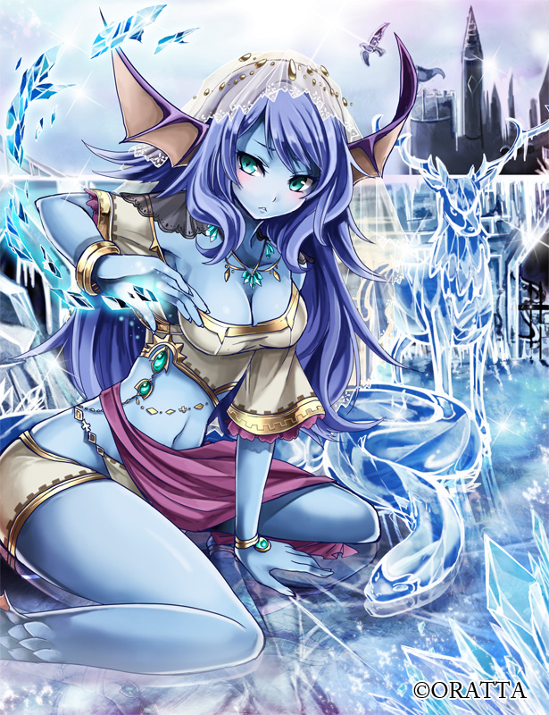 1girl aqua_eyes blue_hair blue_skin breasts castle colored_skin copyright_notice copyright_request head_wings ice_crystal long_hair navel official_art original outdoors shida_(xwheel) sitting solo wariza wings