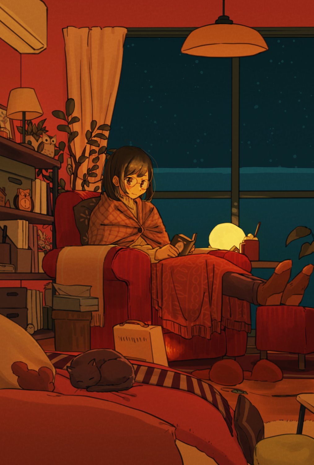 1girl air_conditioner armchair bird black_cat black_hair blanket blush book book_stack bookshelf brown_eyes brown_footwear brown_hair carpet cat cat_day chair clock cup curtains feet footstool glasses highres holding indoors lamp long_sleeves night night_sky open_book original owl pillow plant potted_plant reading round_eyewear rug sitting sky sleeping_animal slippers socks solo star_(sky) starry_sky table twin-mix unworn_slippers window