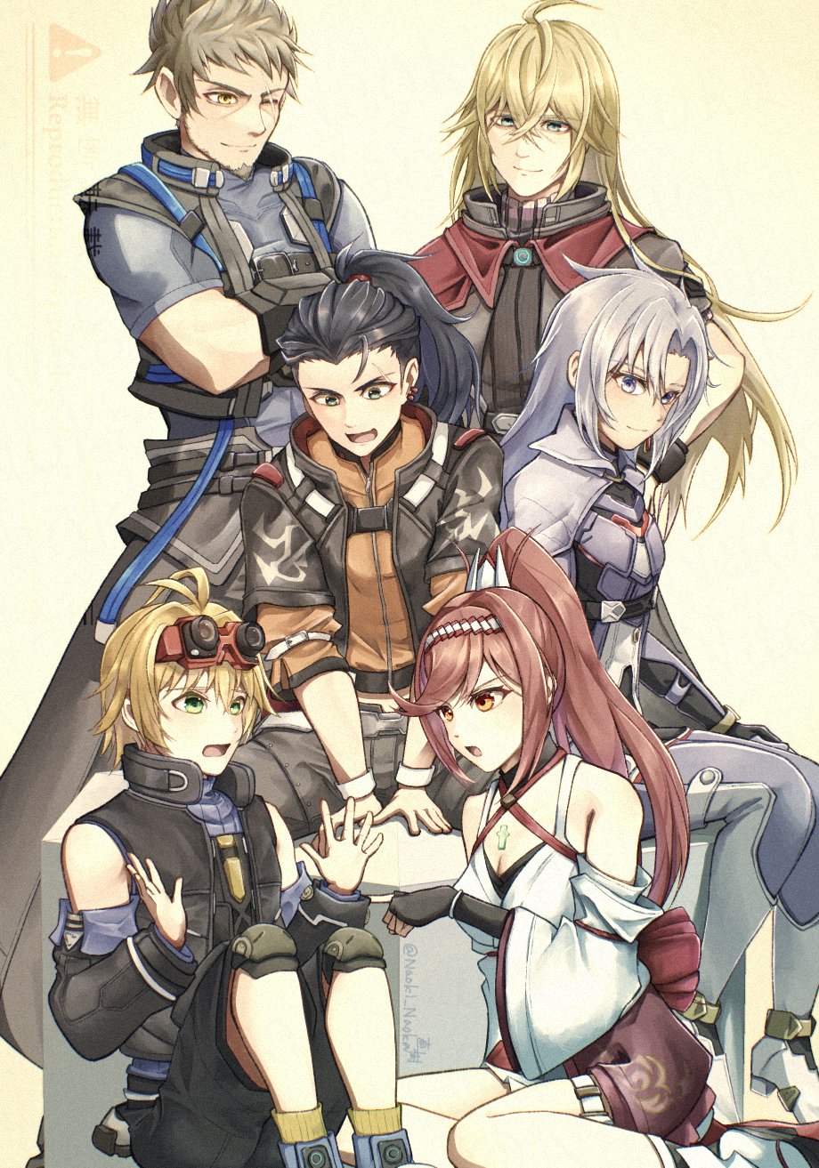 1girl 1other 4boys a_(xenoblade) ahoge armored_bodysuit black_gloves black_vest blonde_hair boots breasts brown_hair cleavage closed_mouth commentary_request crossed_arms crossed_bangs curtained_hair detached_sleeves glimmer_(xenoblade) gloves goggles goggles_on_head green_eyes grey_hair hair_between_eyes high_heel_boots high_heels high_ponytail highres long_hair matthew_(xenoblade) multiple_boys naoki_naoka nikol_(xenoblade) open_mouth orange_eyes red_hair rex_(xenoblade) scar scar_across_eye short_hair shulk_(xenoblade) sitting smile standing v-shaped_eyebrows vest white_footwear white_sleeves wide_sleeves xenoblade_chronicles_(series) xenoblade_chronicles_3 xenoblade_chronicles_3:_future_redeemed yellow_background
