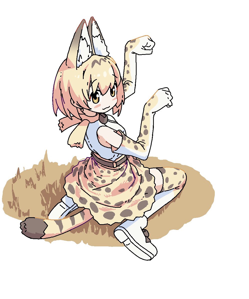 1girl :3 animal_ears animal_print belt blonde_hair blush_stickers boots bow bowtie brown_belt brown_bow brown_bowtie cat_ears cat_girl cat_tail closed_mouth from_behind full_body gloves hands_up kemono_friends looking_at_viewer looking_back paw_pose print_gloves print_skirt print_thighhighs raised_eyebrows serval_(kemono_friends) shimotsu. shirt short_hair simple_background sitting skirt sleeveless sleeveless_shirt solo tail thighhighs wariza white_background white_footwear white_shirt yellow_eyes yellow_gloves yellow_skirt