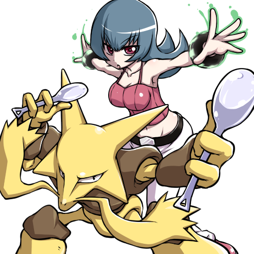 1girl alakazam armpits belt black_hair breasts collarbone crop_top hanya_(hanya_yashiki) jewelry long_hair looking_at_viewer lowres navel pokemon pokemon_(creature) pokemon_hgss red_eyes sabrina_(pokemon) simple_background white_background