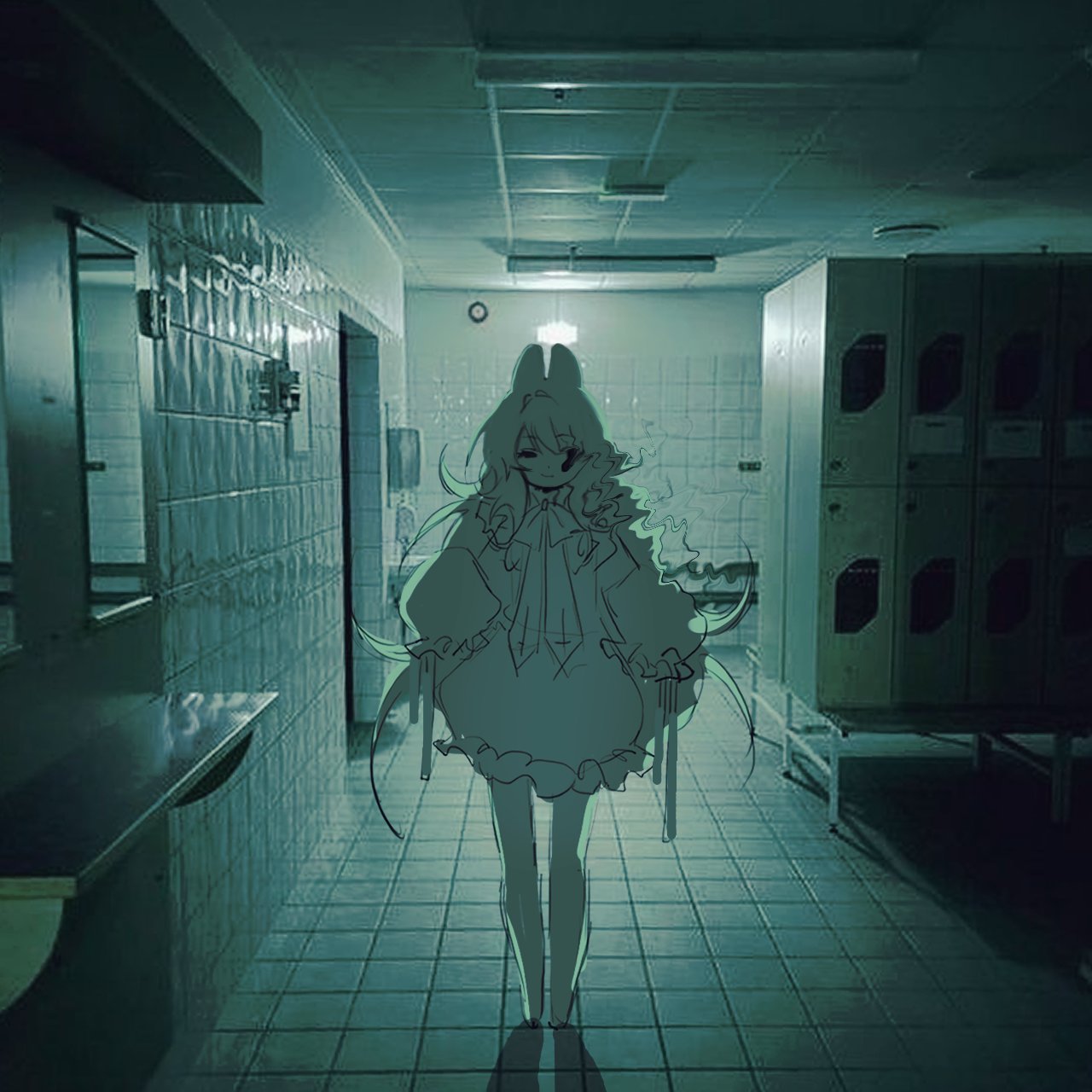 1girl animal_ears black_eyes distortion dress faust_(nonsensemanna) frilled_dress frills full_body hair_between_eyes highres indoors locker locker_room long_hair looking_at_viewer mirror monochrome nonsensemanna original photo_(medium) photo_background rabbit_ears rabbit_girl shadow sketch solo standing tile_floor tile_wall tiles very_long_hair white_hair