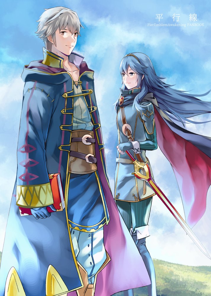 1boy 1girl a_meno0 blue_eyes blue_hair blush cape cover cover_page doujin_cover falchion_(fire_emblem) fire_emblem fire_emblem:_kakusei gloves hood long_hair looking_at_viewer lucina male_my_unit_(fire_emblem:_kakusei) mamkute mejiro my_unit_(fire_emblem:_kakusei) nintendo open_mouth robe short_hair simple_background smile sword tiara weapon white_hair
