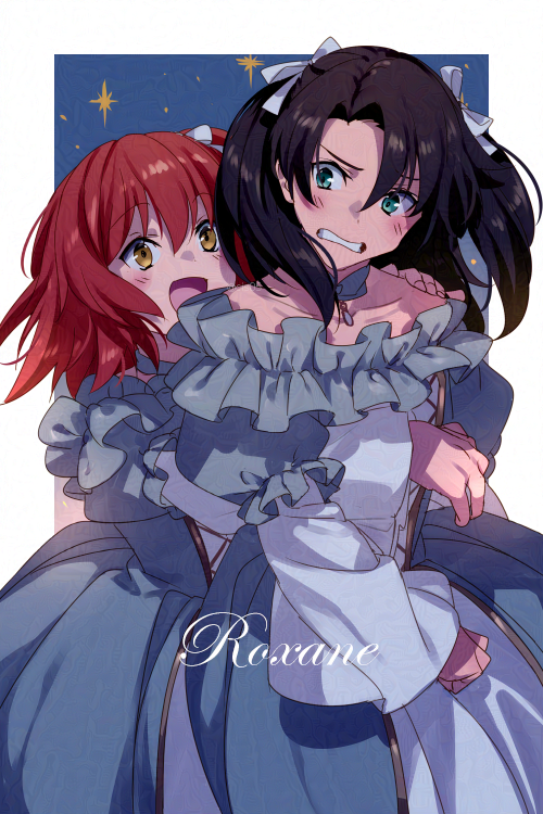 1boy 1girl 2girls bare_shoulders black_hair blush breasts crossdressing detached_collar dress echo_(circa) fate/grand_order fate_(series) fujimaru_ritsuka_(female) fujimaru_ritsuka_(male) green_eyes long_hair long_sleeves multiple_girls open_mouth orange_eyes orange_hair short_hair smile teeth twintails white_dress