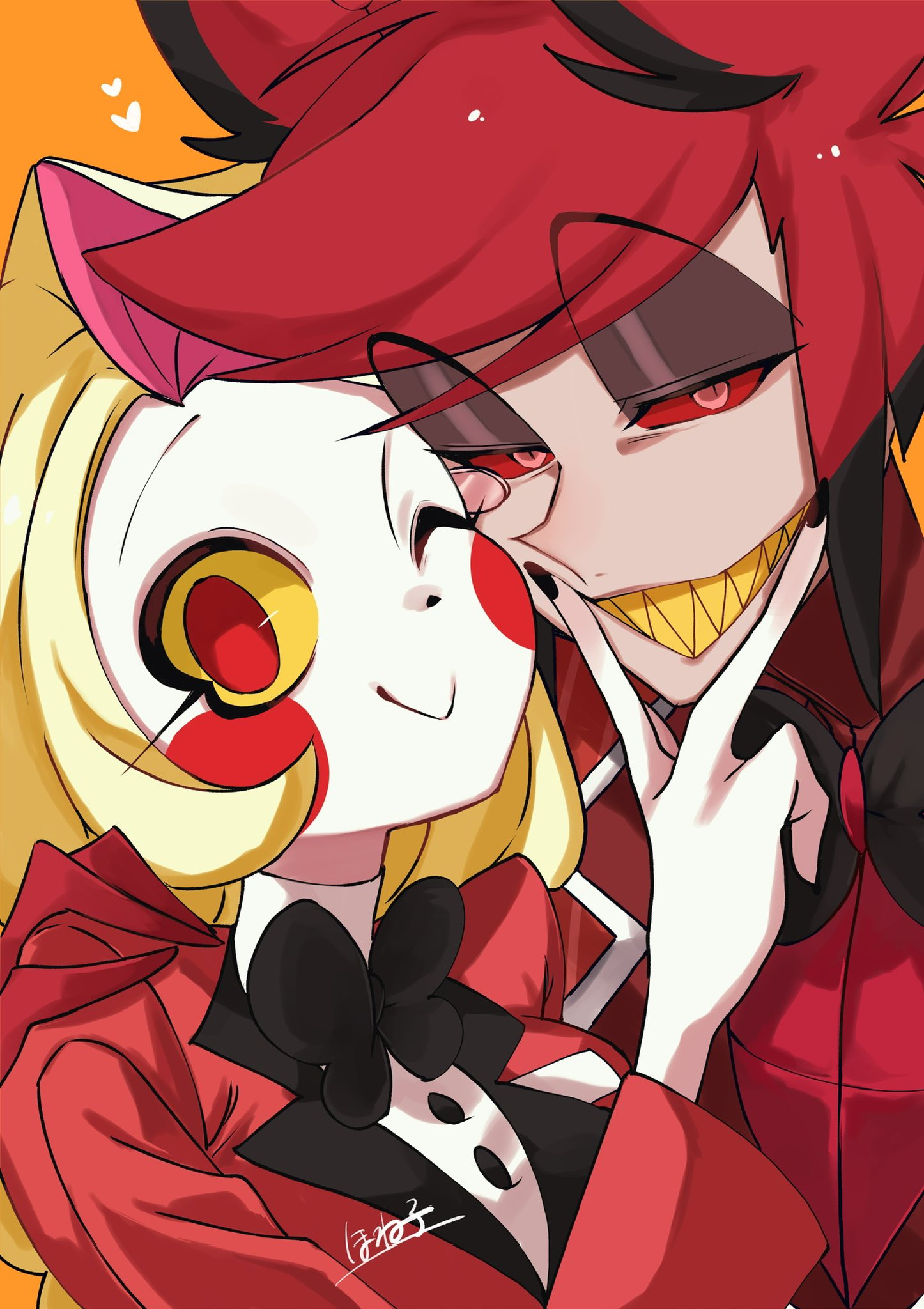 1boy 1girl alastor_(hazbin_hotel) black_hair blonde_hair charlie_morningstar colored_sclera commentary_request formal grin hand_on_another's_face hand_on_another's_shoulder hazbin_hotel highres honeko_06 long_hair multicolored_hair one_eye_closed red_eyes red_hair red_sclera short_hair smile suit upper_body yellow_sclera
