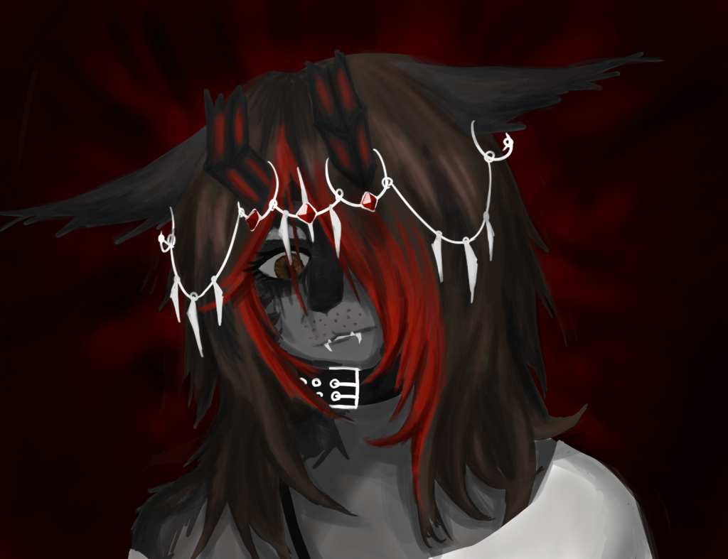 anthro black_hair broken_horn brown_body brown_eyes brown_fur canid canine canis clothed clothing collar crown crybitur felid female fur grey_body grey_fur hair headgear headwear horn hybrid mammal red_hair red_horn sad simple_background solo suffering suwyzid teeth text wolf