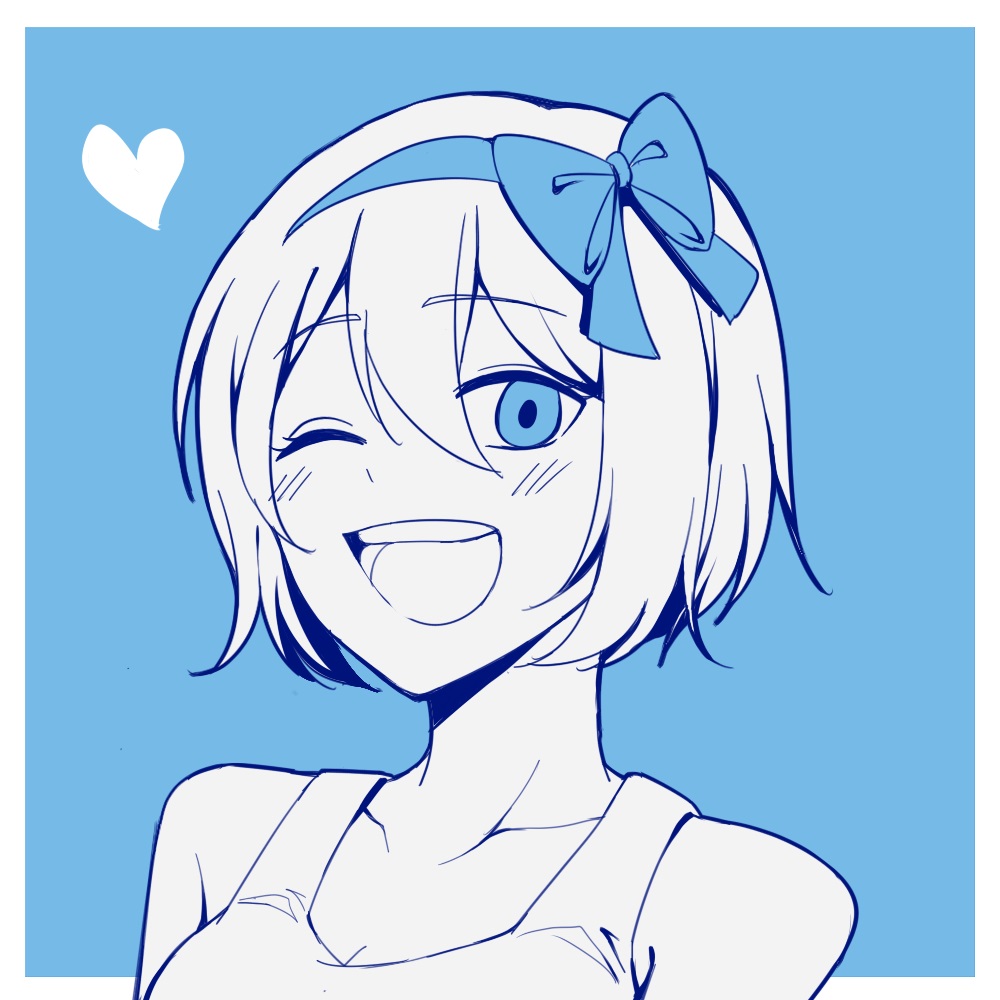 1girl bare_shoulders biyo blue_background blue_bow blue_eyes blue_hairband border bow breasts claire_elford cleavage collarbone hairband heart large_breasts looking_at_viewer one-eyed open_mouth partially_colored short_hair simple_background smile solo spot_color teeth upper_teeth_only white_border witch's_heart