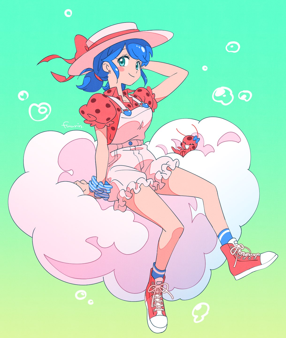 1girl blue_background blue_eyes blue_hair bracelet bug closed_mouth cloud earrings hat hat_ribbon highres jewelry ladybug maplebellll marinette_dupain-cheng miraculous_ladybug pants red_footwear red_ribbon red_shirt ribbon shirt sitting smile tikki white_hat white_pants